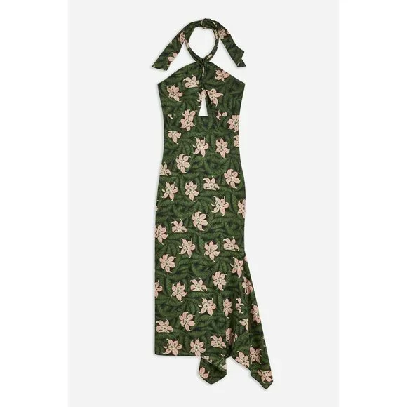 TOPSHOP Hibiscus Floral Halter Midi Dress Green 10 NEW - Picture 4 of 11